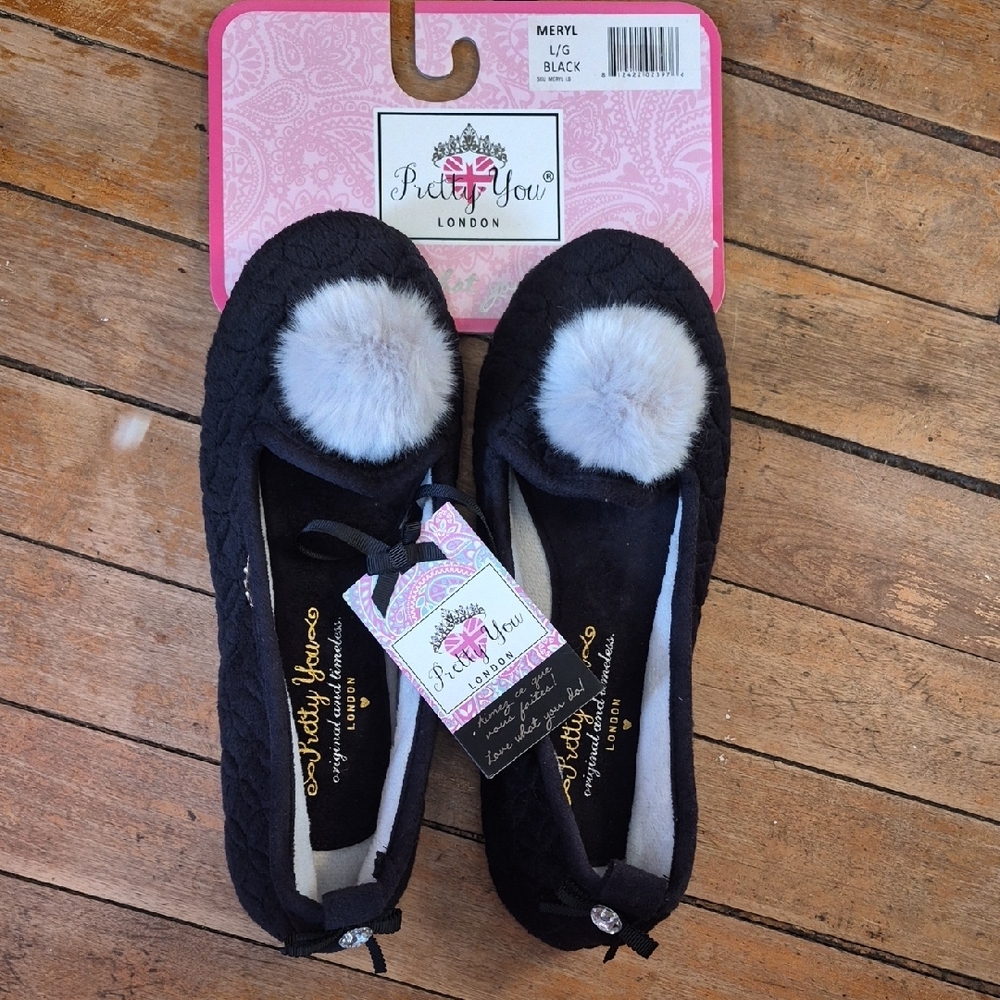 Pretty You London Black Slippers with Faux Fur Pom Poms